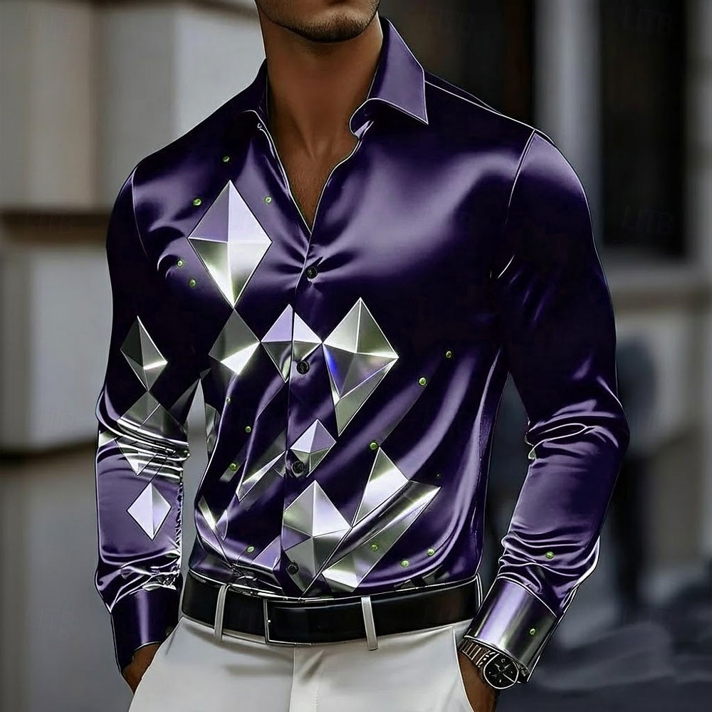 Herren Geometrisch Karo / Karomuster Glas Hemd Satinhemd Kleidhemd Langarm Business-Casual Urlaub Alltagskleidung Sommer Frühling Herbst Umlegekragen 3D-Druck Hemden mit Knopfleiste Dunkelrot 2026 - $29.99 –P4