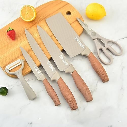 sada kuchyňských nožů, 6dílná luxusní sada nožů s dřevěným potahem, rukojeť s lehkou dřevěnou kresbou, nepřilnavý šéfkuchařský nůž z nerezové oceli s blokem na nože 2026 - $74.99 –P9