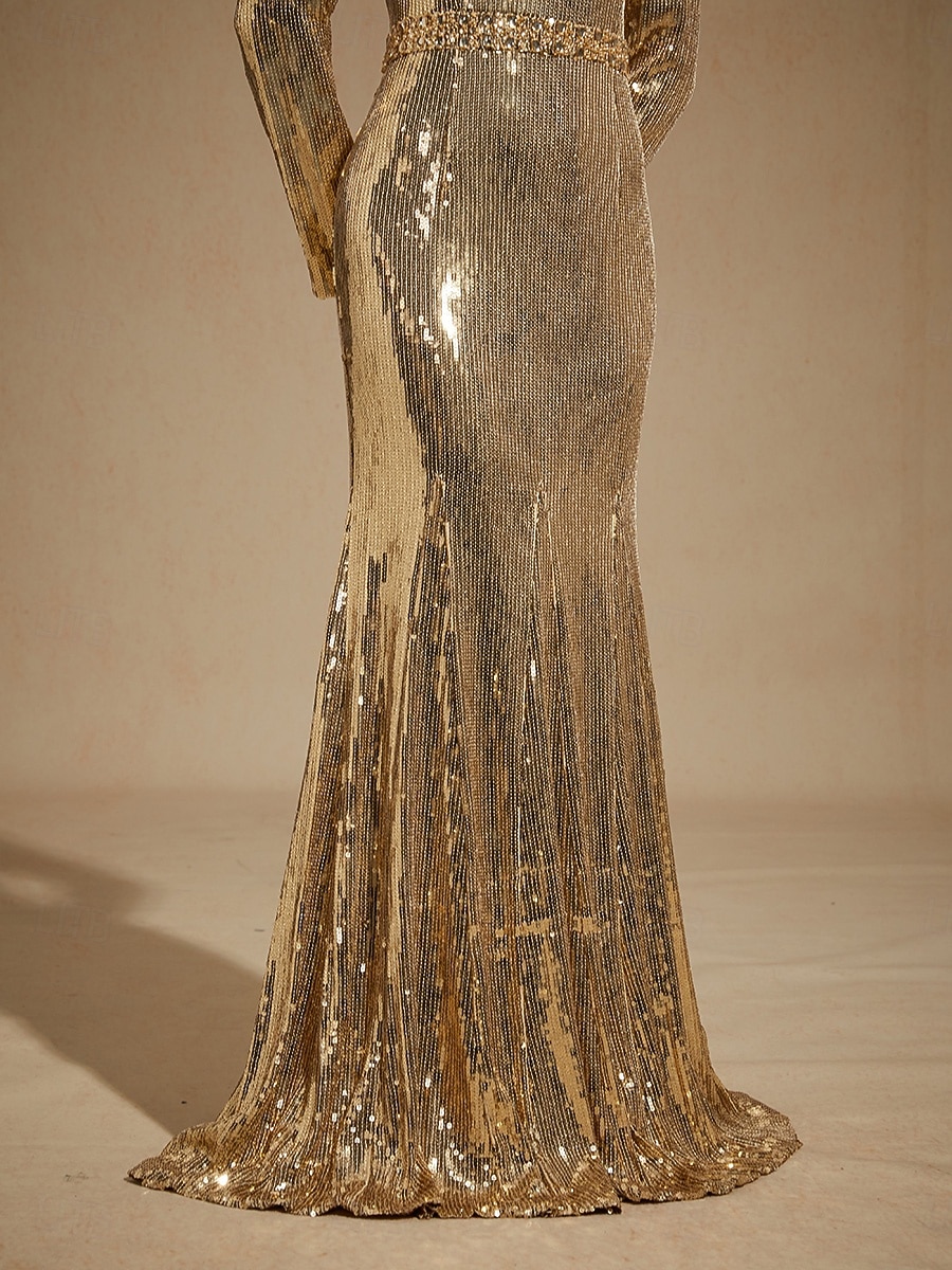 Women's Maxi Dress Floor Length Dress Trumpet Mermaid Dress Elegant Party Evening Party Cocktail Party Sequins Beaded Regular Fit Solid Color Long Sleeve Crew Neck Gold Spring Fall Winter 2026 - $625.69 –P6