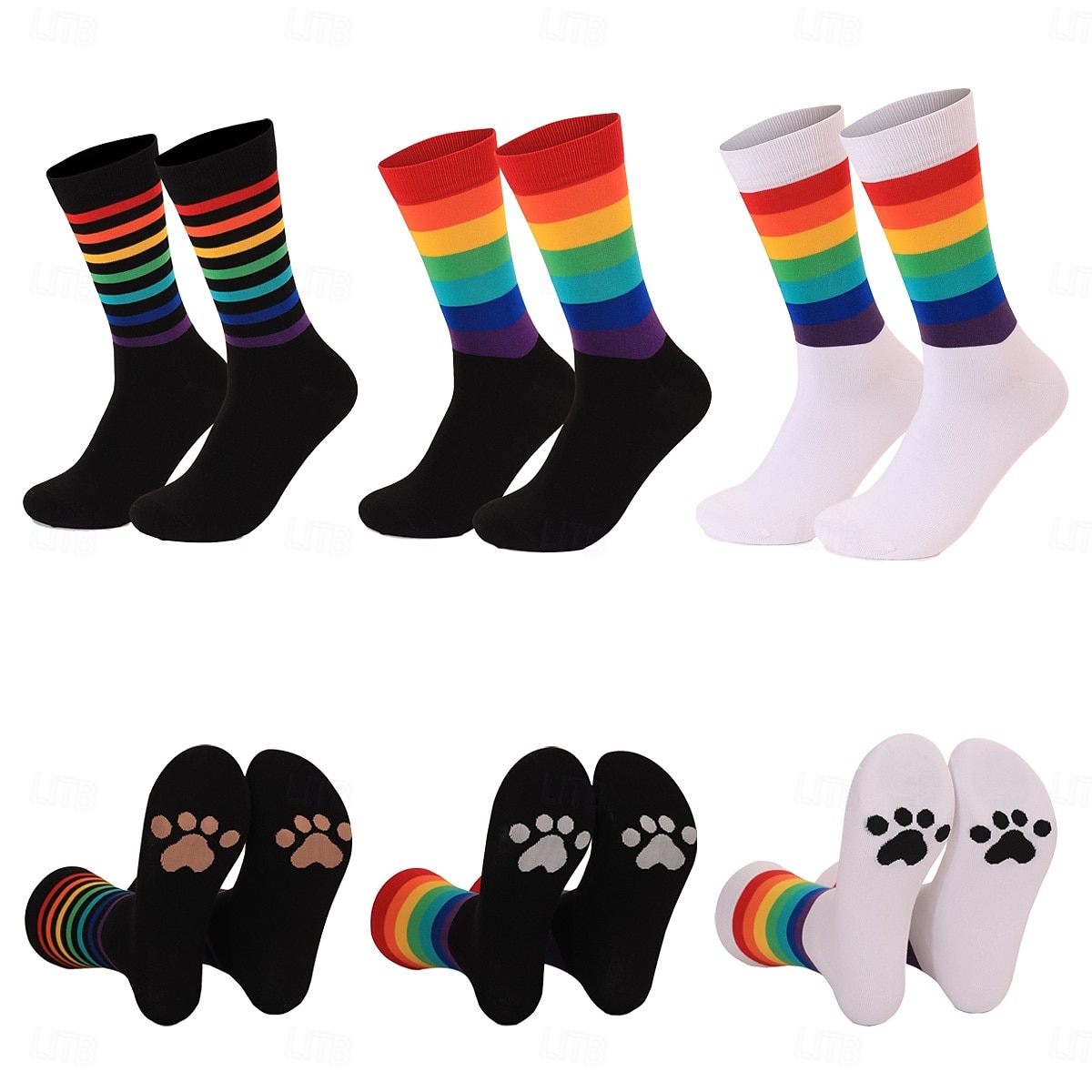 Ponožky do poloviny lýtek s duhovými pruhy a pohlcujícím pot, odolné proti zápachu a potiskem zvířecích tlapek, unisex, pohodlné bavlněné ponožky pro muže i ženy na běžné nošení 2026 - $7.49 –P1