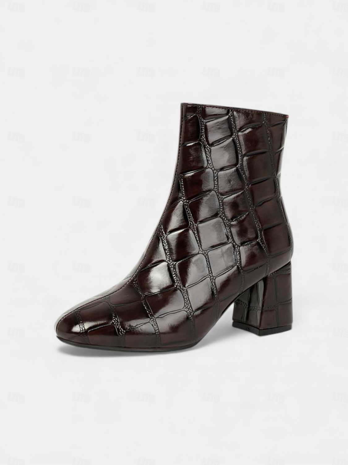 Dámské kotníkové boty z vínové kůže s krokodýlím potiskem, blokovým podpatkem a zapínáním na zip – elegantní hranatá špička pro každodenní nošení i do kanceláře 2026 - $64.99 –P3