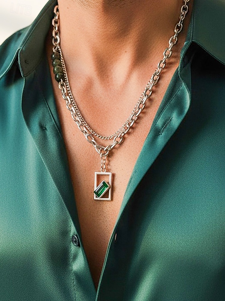 Herrhalsband i rostfritt stål med grönt ädelstenshänge - snyggt, hållbart, perfekt för både vardagliga och formella tillfällen 2026 - $7.99 –P1