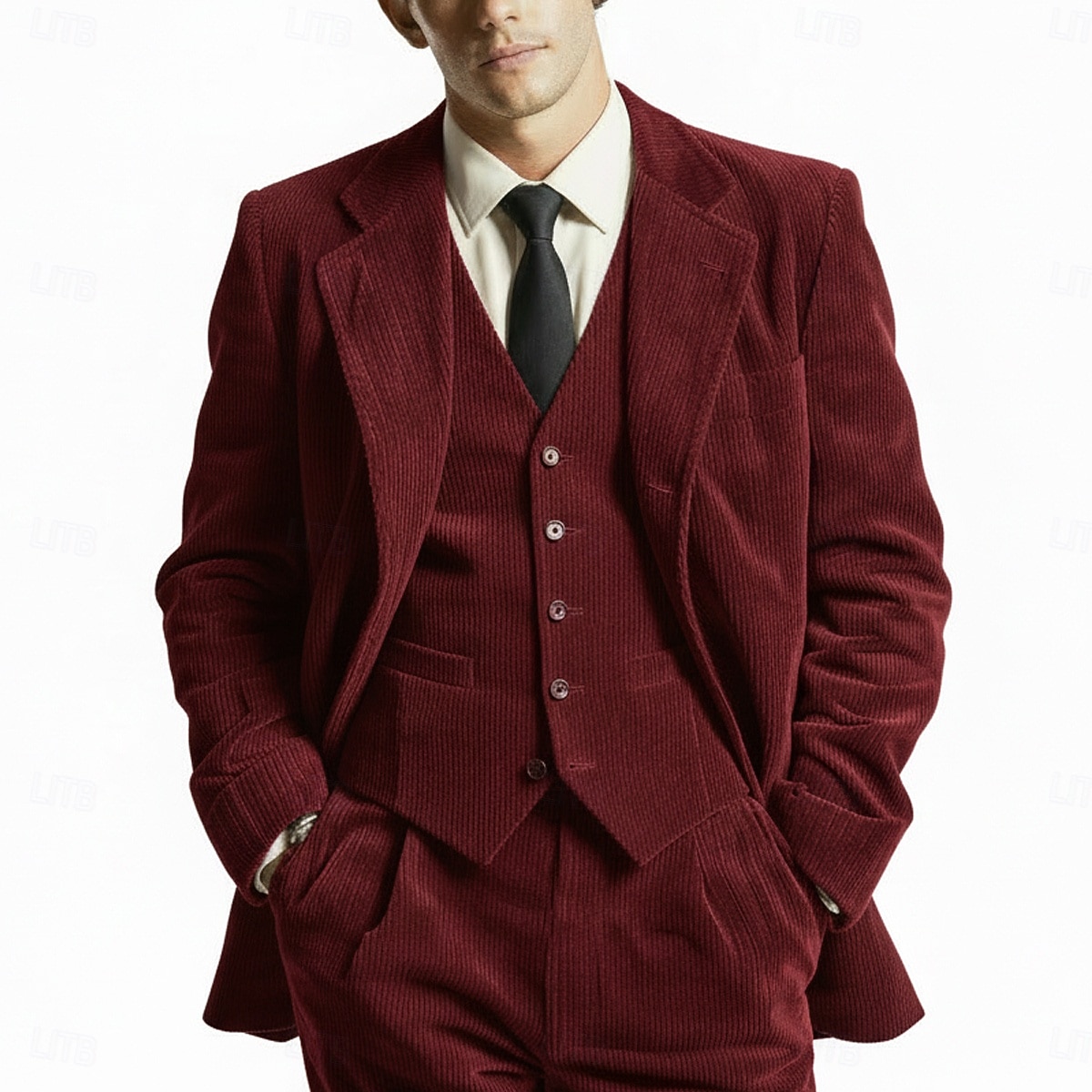 Uomo Abito in velluto a coste Casuale Affari Nero Borgogna Autunno & Inverno Tuta Bavero classico Quotidiano Affari A righe Vestibilità su misura 3 pezzi Monopetto Due Bottoni del 2026 a $139.99 –P4