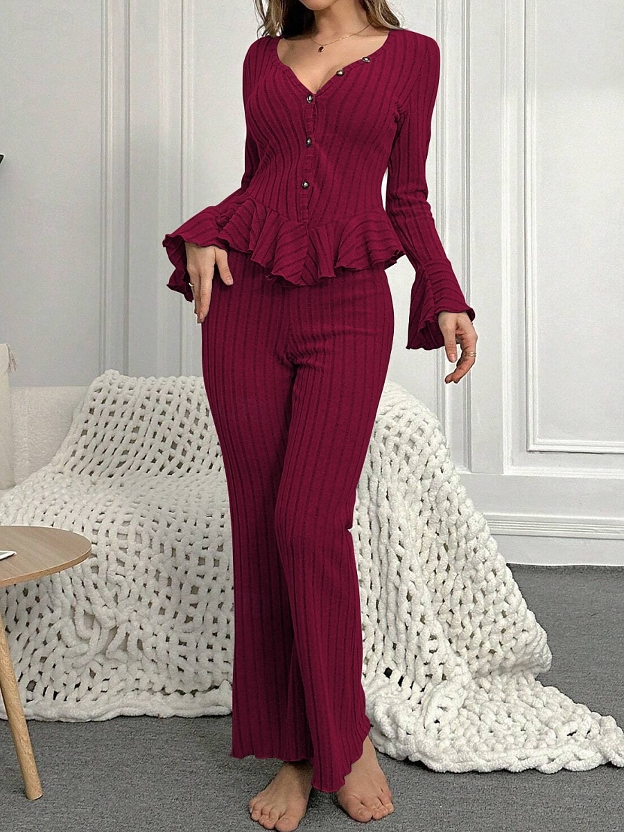 Femmes Ensemble Pyjama Occasionnel Confort Couleur Unie Taille Élastique Pantalon Maison Quotidien manche longue Col en V Noir Vin Fuchsia Gris Printemps Automne Hiver Coupe régulière de 2026 ? $21.99 –P5