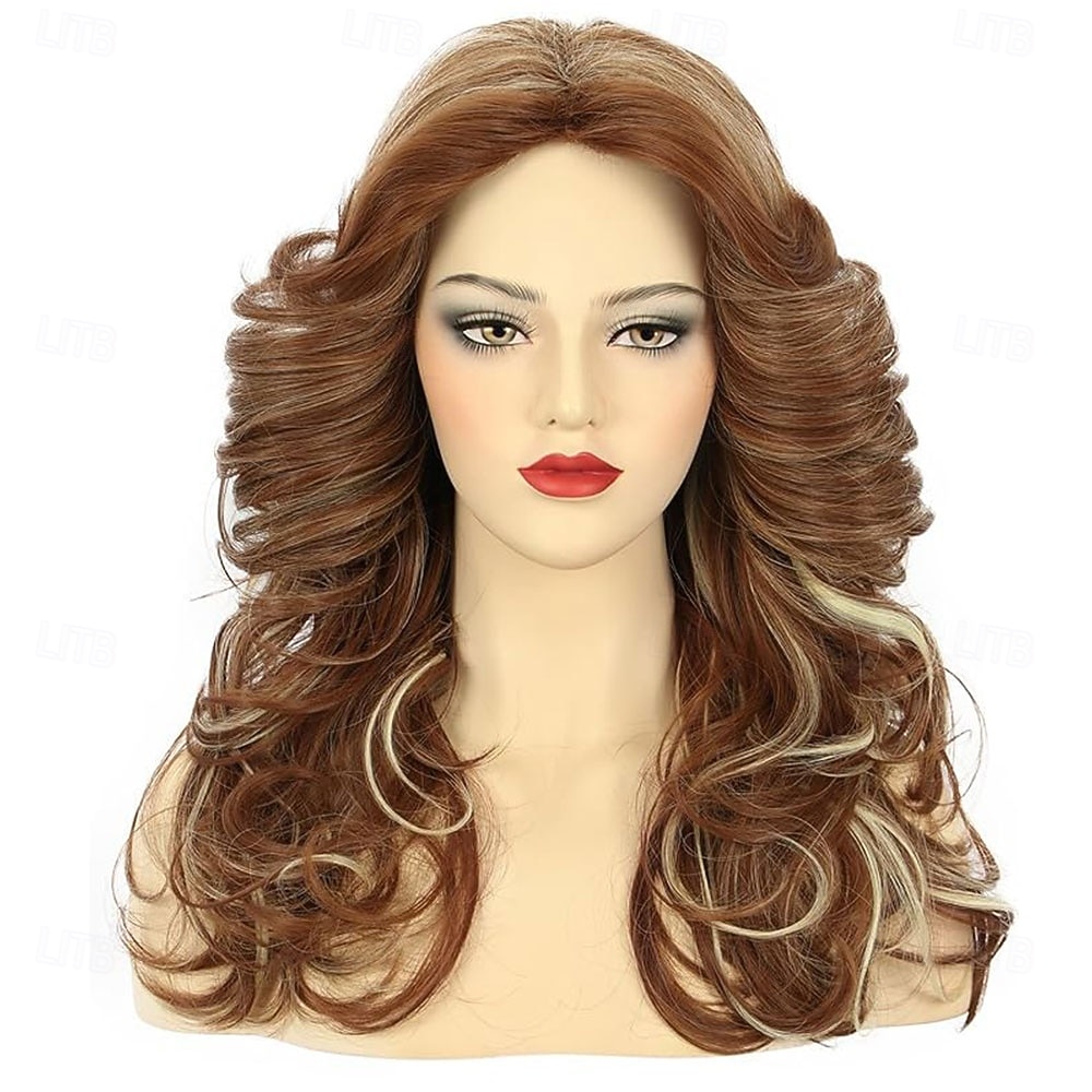 Perucă pentru femei, cu pene, maro lung, ondulat, pentru discotecă, anii '70, costum vintage vopsit, pentru carnaval, festival, petrecere 2026 - $21.99 –P8