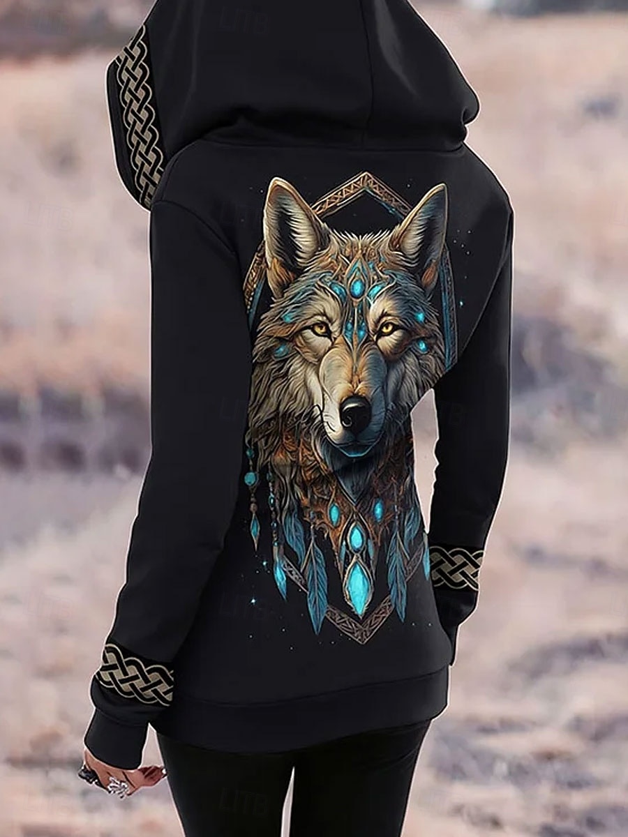 Dámské Mikiny na zip Zip Kapsy Tisk Grafika Zvíře Etno Módní Na běžné nošení Dlouhý rukáv Kapuce Běžné topy ulice Na den Bílá Žlutá Jaro Podzim 2026 - $39.99 –P1