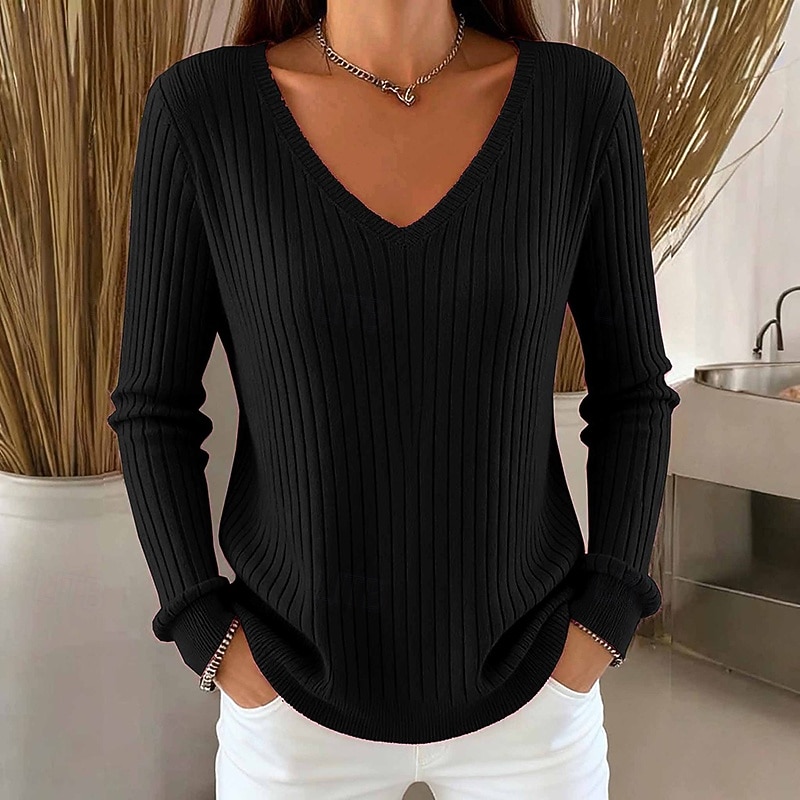 Dámské Svetr Rolák Módní Šik ven Na běžné nošení Pevná barva Do V Pletený Dlouhý rukáv Běžné topy Plést Denní Dovolená Jdeme ven Černá Bílá Podzim Zima 2025 - $27.99 –P3