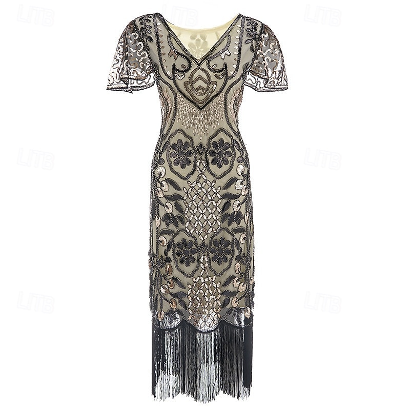 Loucos anos 20 Anos 20 Meio-dia Vestido melindroso Mangas curtas O Grande Gatsby Menina melindrosa Paetês Franja Tubinho Decote V Fantasia Mulheres Natal Carnaval bar clandestino Mascarilha Festa de 2026 por $42.99 –P8
