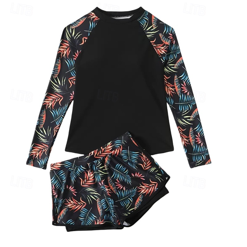 traje de baño de dos piezas para mujer tankini de palmera alta cintura control de abdomen alta cintura sin espalda vacaciones ropa de playa hojas florales cuello redondo de manga larga 2026 - $33.99 –P11