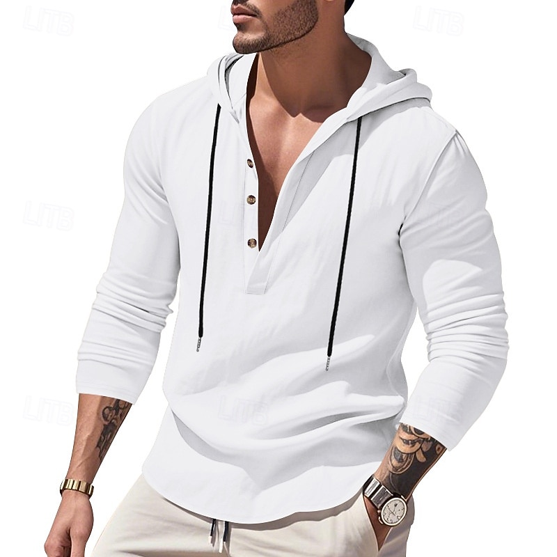 Men's Shirt Popover Shirt Summer Shirt Casual Shirt Beach Shirt Black White Yellow Navy Blue khaki Long Sleeve Solid Color Hooded Vacation Casual Drawstring Clothing Apparel Fashion Casual Comfortable 2026 - $28.99 –P30