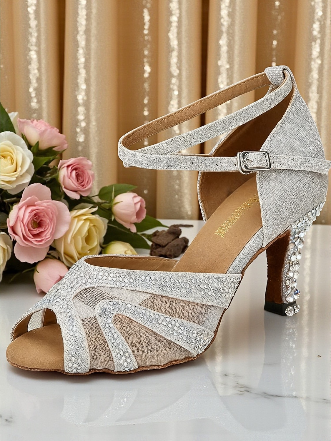 Scarpe da ballo da sala da donna con strass - tacchi latini aperti in rete con tacco basso a blocco, stile festa scintillante per salsa, tango &eventi di danza formale del 2026 a $64.99 –P6