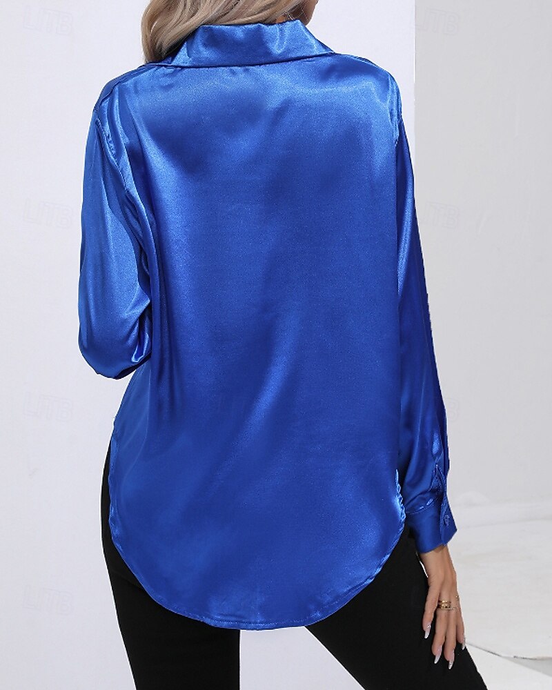 Femmes Chemise Elegant Haut en satin Chemisier Boutons Uni Élégant ancien manche longue Col de chemise Hauts Réguliers Fête Sortir Jaune Rouge Bleu Roi Rose Gris Été Printemps de 2026 ? $25.99 –P3