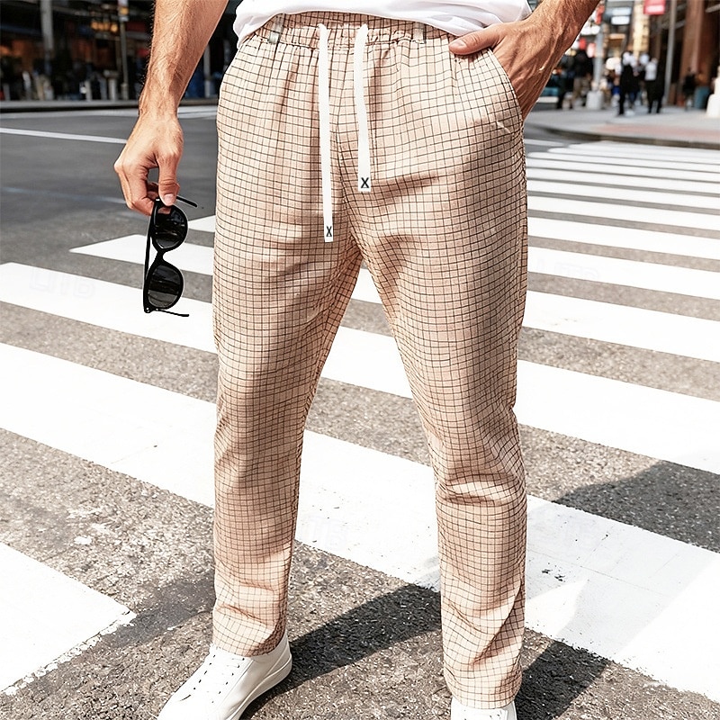Men's Trousers Casual Pants Drawstring Pocket Elastic Waist Plaid Comfort Soft Outdoor Daily Holiday Fashion Classic Style Dark Khaki Light Khaki Micro-elastic 2026 - $24.99 –P11