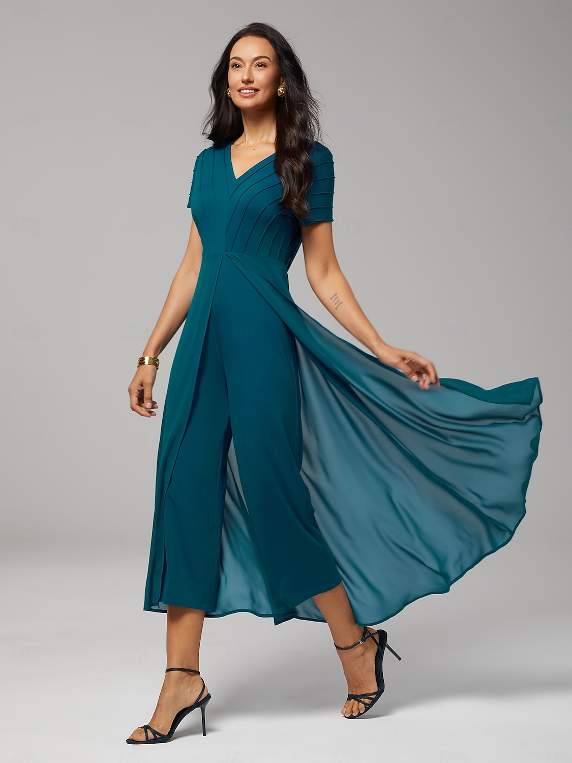 Dame Femeie Rochie casual Salopetă Albastru păun Manșon scurt Mânecă scurtă Simplu Multistratificat Vară Primăvară Toate Sezoanele În V Rotund Elegant Modern Fluid S M L 2025 - $114.99 –P3