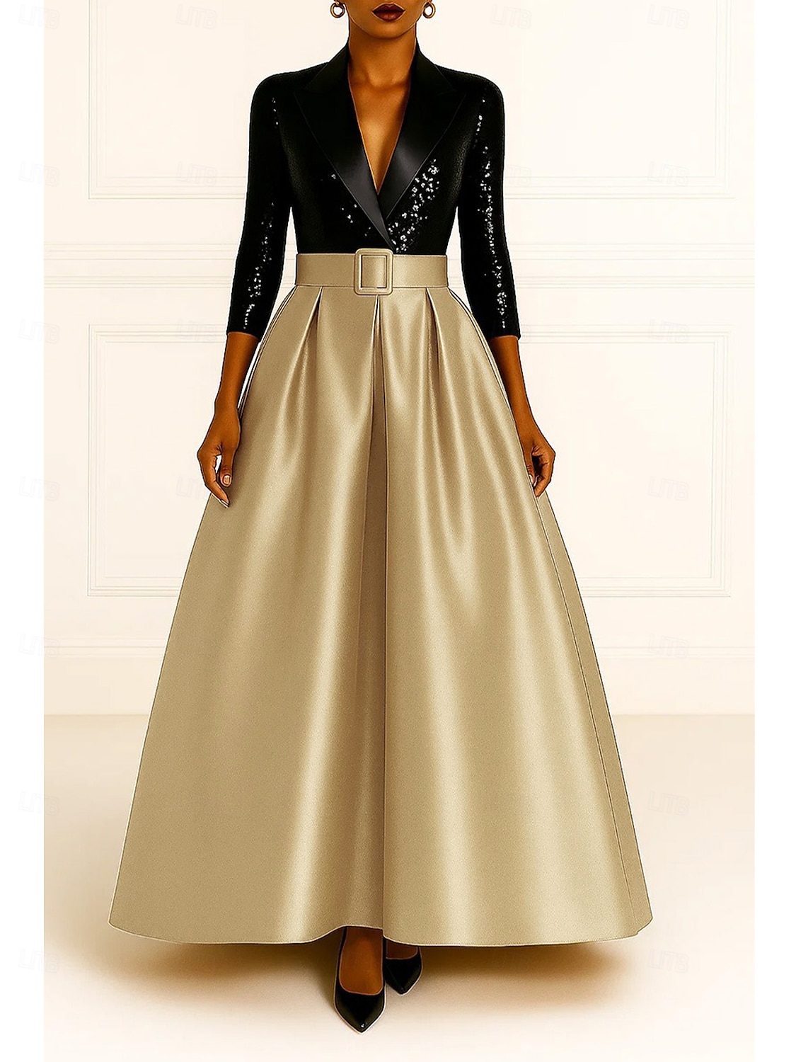Tuxedo Dress Black Sequin Dress Formal Wedding Wedding Guest Satin A-line Dress Elegant 3/4 Sleeve Pleated Floor Length Peaked Lapel Hidden 2026 - $172.99 –P1