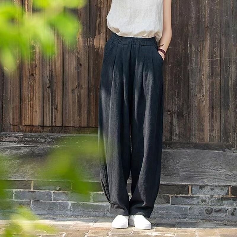 Dames Imitatie katoenlinnen Broek Zomerbroek Wijde broek Vakantie Vintage Etnische stijl Volledige lengte Hoge taille Inelastisch Strand Straat Causaal Bean Green Ruwe hennep kleur Zwart Marineblauw 2026 - $21.99 –P3