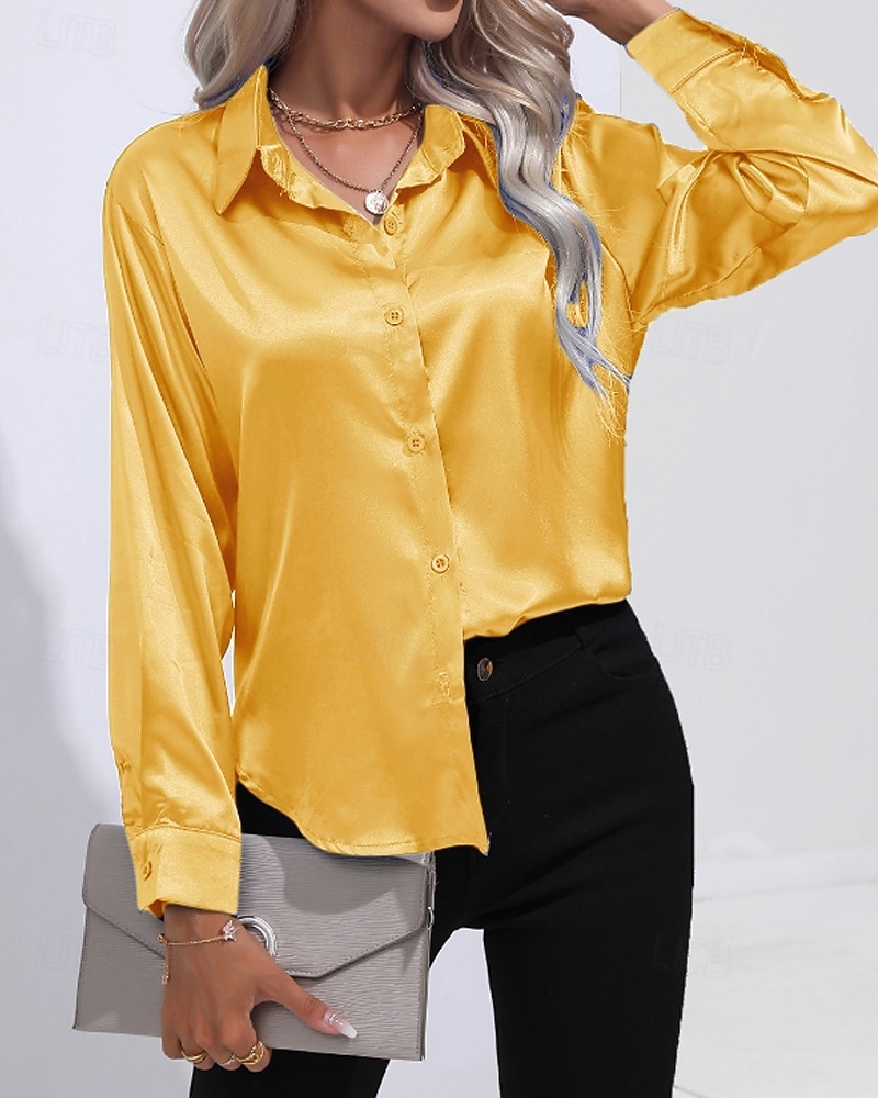 Femmes Chemise Elegant Haut en satin Chemisier Boutons Uni Élégant ancien manche longue Col de chemise Hauts Réguliers Fête Sortir Jaune Rouge Bleu Roi Rose Gris Été Printemps de 2026 ? $25.99 –P10