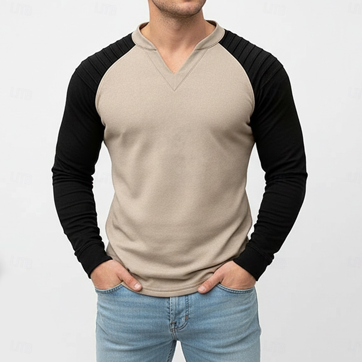 Мужская футболка из искусственной замши с длинным рукавом, V-образным вырезом, складками, плиссировкой, осенне-зимняя, винтажная, повседневная, ретро, с рюшами, цветная, для улицы, повседневная, 2026 - $29.99 –P4