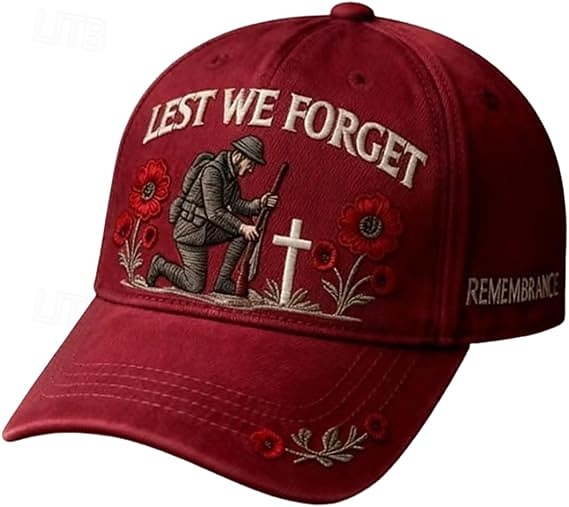 Cappello commemorativo "Lest We forget", berretto ricamato con fiori di papavero per veterani, tributo militare ed eroi caduti. del 2026 a $21.99 –P8