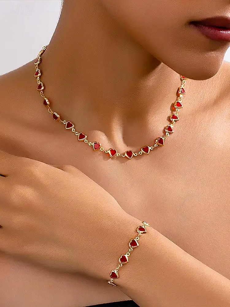 Conjunto de colar e pulseira com pingente em formato de coração, feito de liga metálica, disponível em diversas cores – acessório perfeito para o Natal e Dia dos Namorados. de 2026 por $11.99 –P1