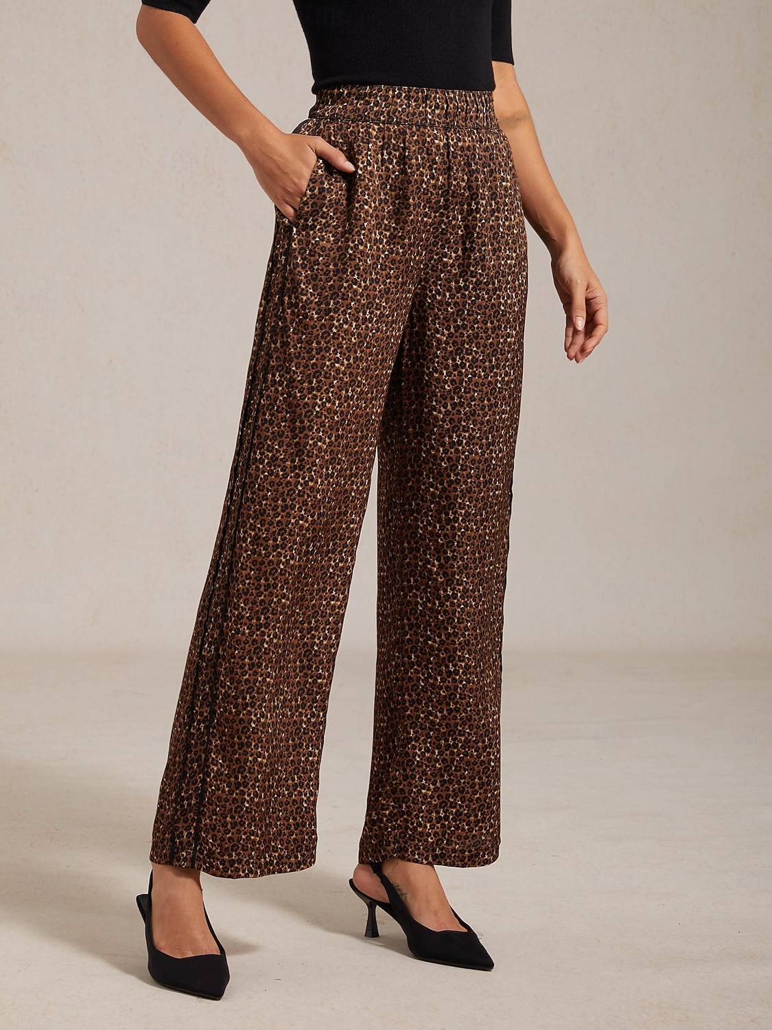 viskosesilke elastisk midje rynkete leopardprint rette bukser på ferie 2025 - $103.99 –P1