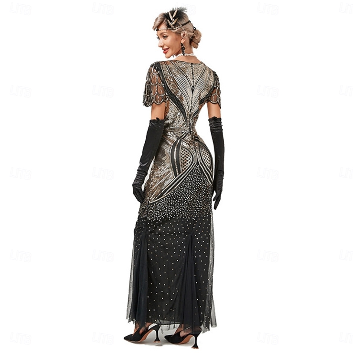 Set Goldene Zwanziger 1920er Knöchellänge Lange Länge Kleid Abendkleid Outfits mit Zubehör Illusionsärmel Kurze Ärmel Der große Gatsby Hochzeitsgast Pailletten Pailletten Halloween V Ausschnitt Kostüm 2026 - $89.99 –P2