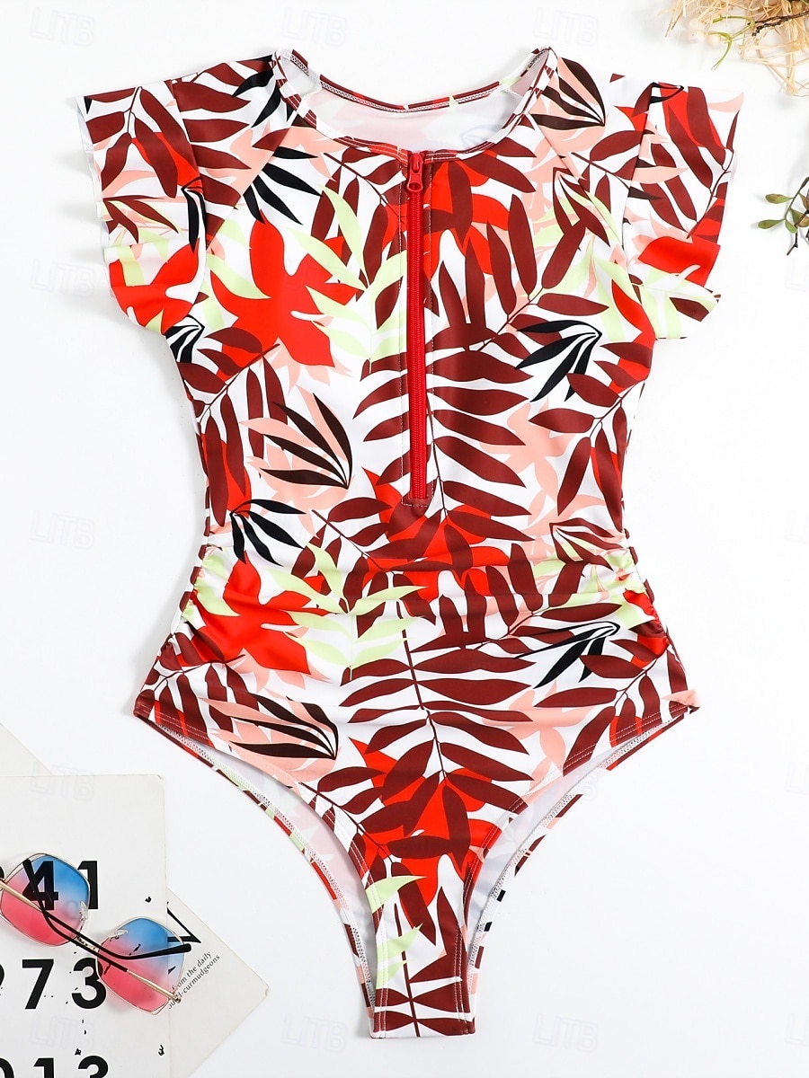 Dámské jedndílné plavky zeštíhlující zip přední palm monokini kontrola břicha vysoký pas slim dovolená plážové oblečení květinové listy kulatý výstřih krátké rukávy plavky 2026 - $26.99 –P5