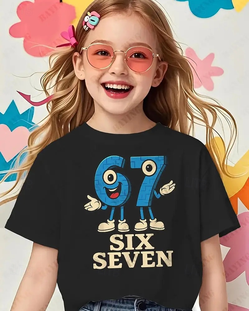 Cotton Kids Girls' Black Graphic Funny Slang 67 T shirt Tee Crew Neck Short Sleeve Vacation Sports & Outdoor Dailywear Streetwear Casual Printing Summer 2026 - $14.99 –P1