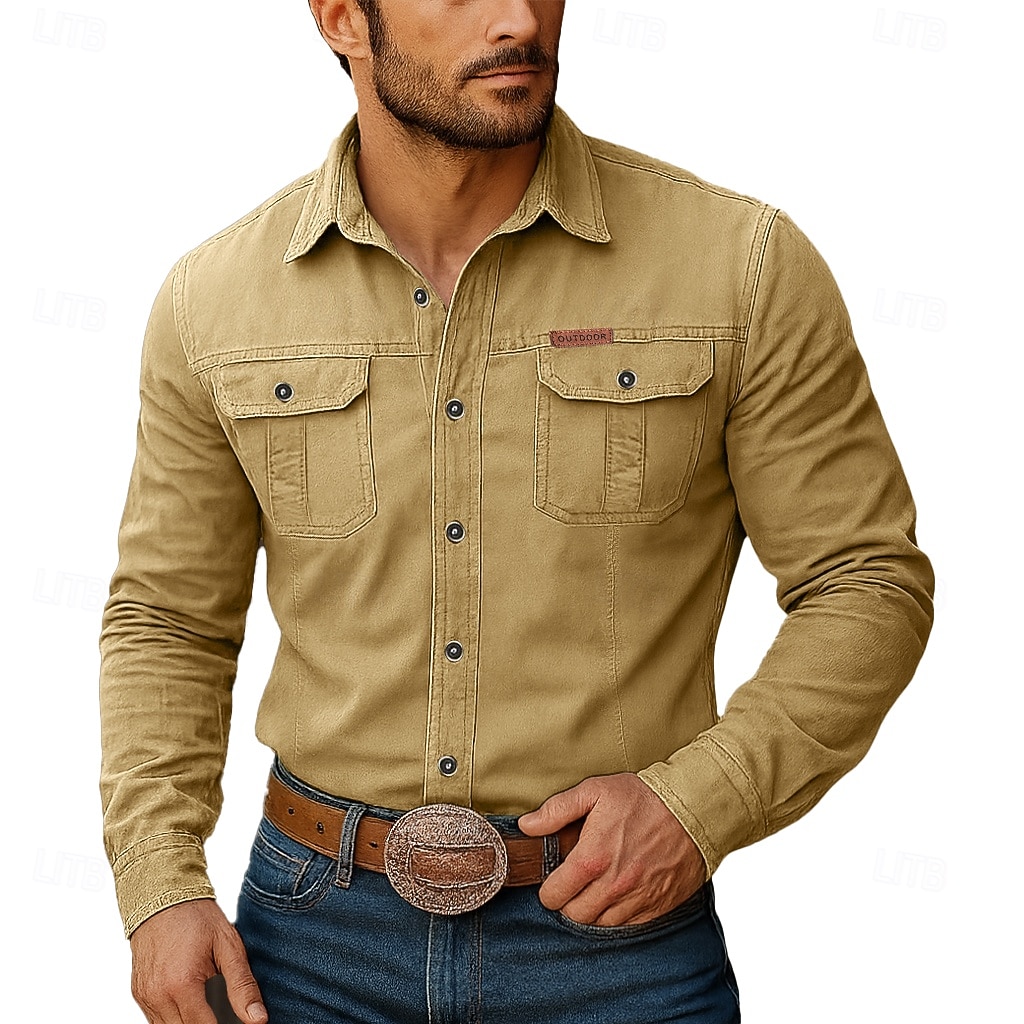 Муж. Западная рубашка Рубашка-карго Ковбойская рубашка Хаки Военно-зеленный Длинный рукав Сплошной цвет Полотняное плетение Отложной Для занятий спортом Повседневные Карман Одежда 2026 - $26.99 –P2