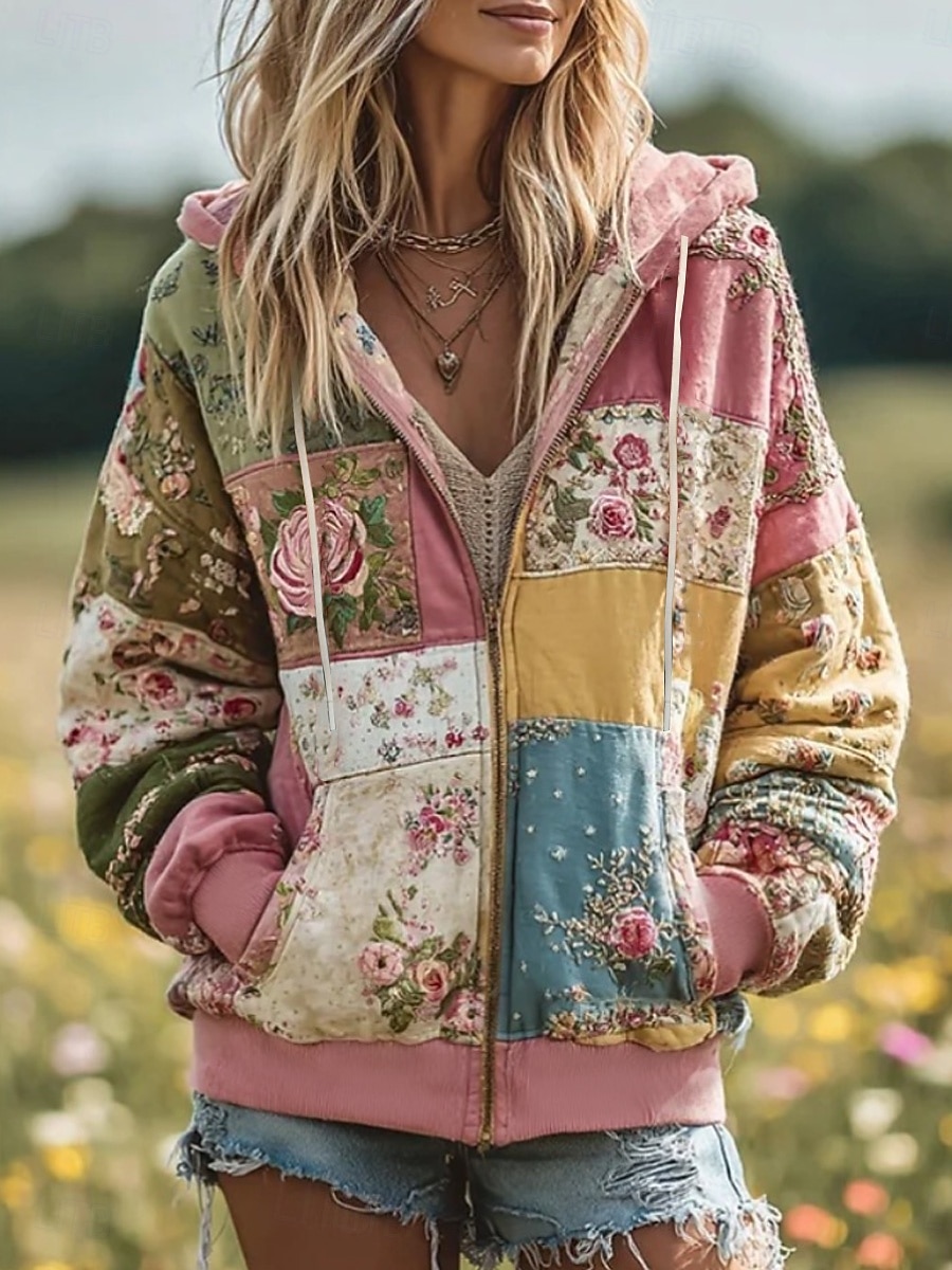 Naisten 3D Print Vintage Boho Huppari Patchwork Huppari Sweatshirt Kukallinen Hupparilla Sweatshirt Takki Pitkähihaiset Zip Up Taskulla Kevyt Rentoa Zip Up s Kadun Arkivaatteita Patchwork Tasku Syksy 2025 - $35.99 –P1