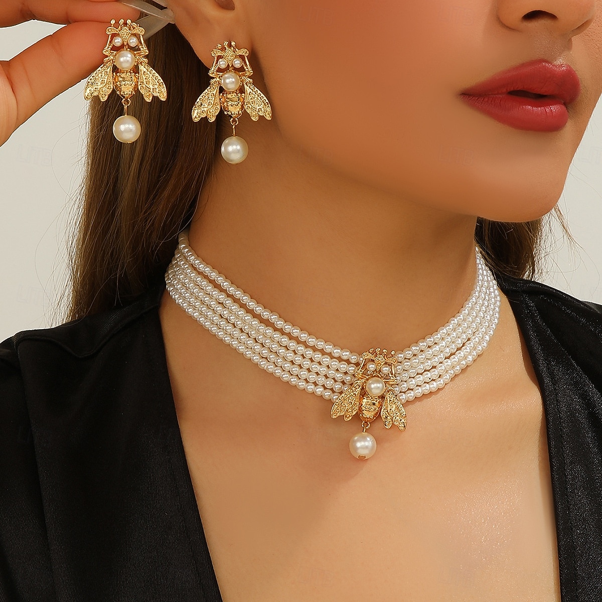 Dames parelbijen sieradenset - elegante meerlaagse chokerketting en oorbellen met goudkleurig insectenontwerp voor feesten, bruiloften en vintage mode-looks 2026 - $14.99 –P4