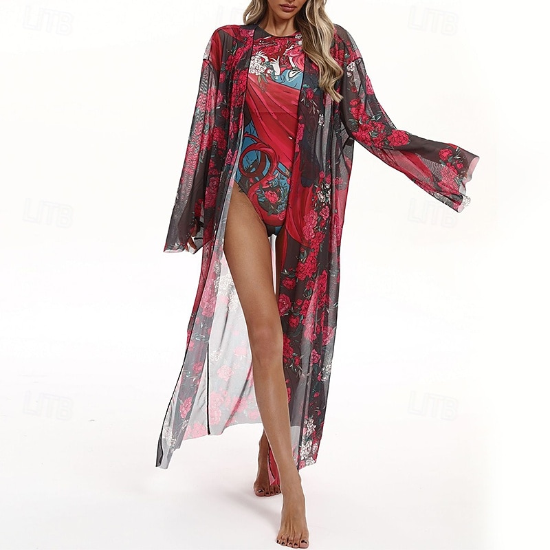 Dámské Plážové zahalovací šaty Dlouhé splývavé kimono kardigany Grafika Cikánský Krátká noha Šifón Ochrana proti UV záření Prodyšné Dlouhý rukáv Plavky Surfování Plážové prázdniny Léto 2026 - $31.99 –P5