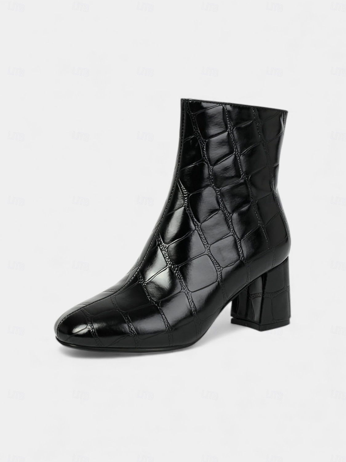 Dámské kotníkové boty z vínové kůže s krokodýlím potiskem, blokovým podpatkem a zapínáním na zip – elegantní hranatá špička pro každodenní nošení i do kanceláře 2026 - $64.99 –P4