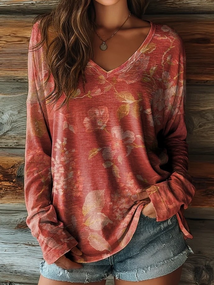 Dame Boho T-skjorte Grafikk Planter Tribal Vintage Stilfull Klassisk Langermet V-hals Vanlige Topper Daglig Trykk Blå Lys Grønn Vin Marineblå Fuchsia Vår Høst Vinter 2026 - $24.99 –P6