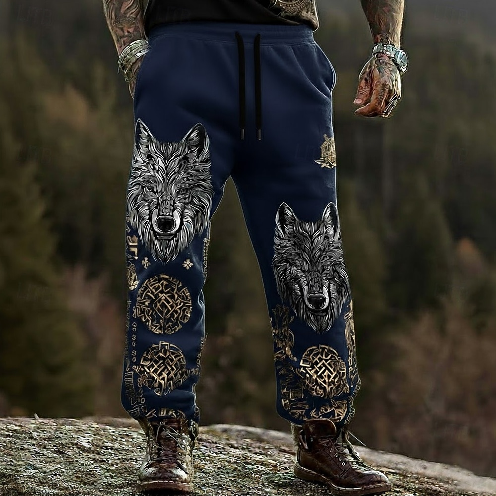 Herren Wolf Wikinger Keltische Kunst Hosen Hose Freizeithose Mittlere Taille Kordelzug Elastischer Bund Vintage-Retro Outdoor Campen und Wandern Jagd Gerade Hosen Frühling Herbst 3D-Druck Schwarz 2026 - $24.99 –P1