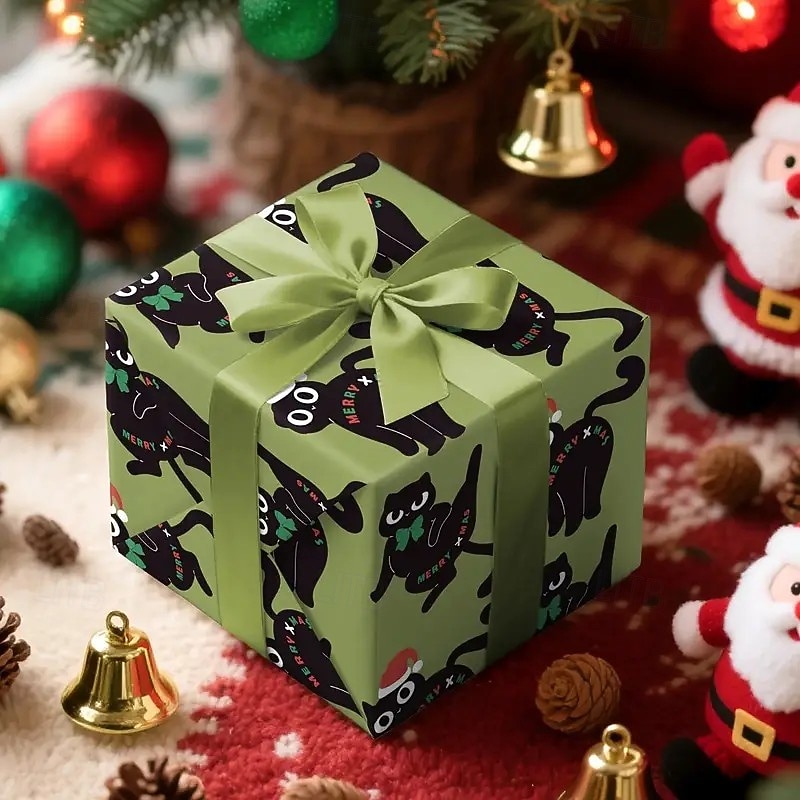 2025年 クリスマスラッピングペーパー1ロール、緑の背景にサンタの帽子とリボン、黒猫のデザイン - ギフト包装、ホリデーデコレーション、パーティーの雰囲気作りに最適 &テーマイベント - 43cm 500  コレクション – $17.99 –P7