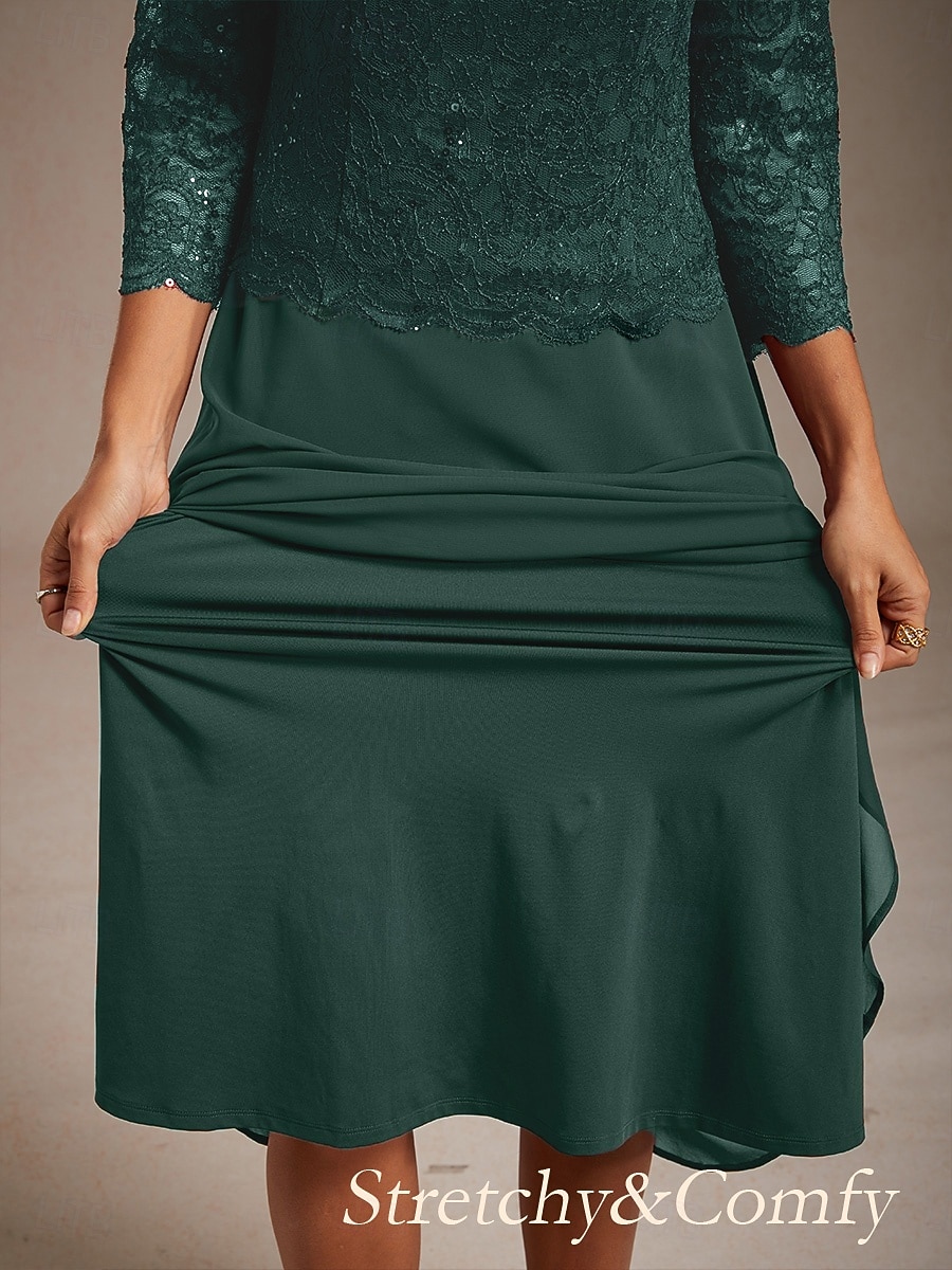 Mulheres Vestido midi Vestido de chiffon Elegante Convidado do casamento Coquetel Festa de Chá Paetês Renda Côr Sólida Manga 3/4 Gola Redonda Verde Esmeralda de 2026 por $103.99 –P4