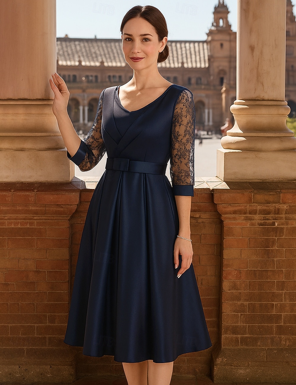 A-Line Te Lengde Festkjole Cocktailkjole Bryllupsgjesterkjole Mor til bruden kjole 3/4 Lengde Ermekraft Crew Neck Elegant Vintage Fest med Blonder Folds 2026 - $91.99 –P6