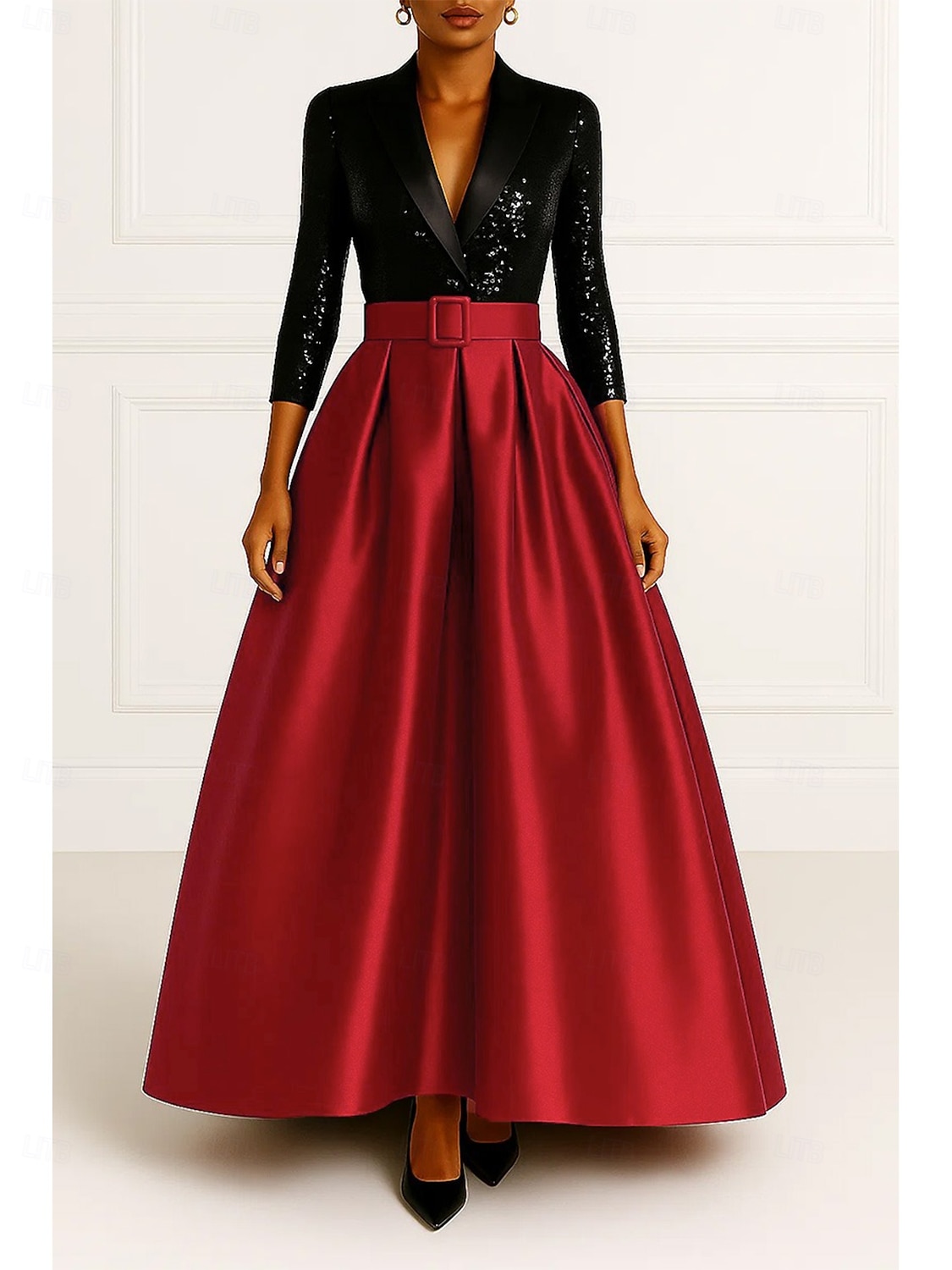 Tuxedo Dress Black Sequin Dress Formal Wedding Wedding Guest Satin A-line Dress Elegant 3/4 Sleeve Pleated Floor Length Peaked Lapel Hidden 2026 - $172.99 –P4