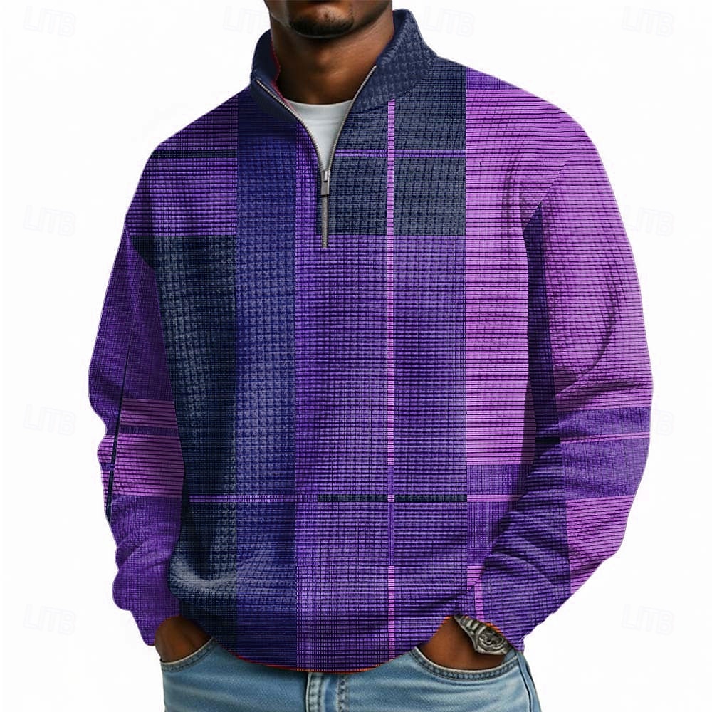 Per uomo Geometrico Plaid Nido d'ape Felpa Moda Quotidiano Classico Casual Collo alla coreana Zip a un quarto All'aperto Casa Ufficio Lavoro Giallo Viola Arancione Grigio Con zip Autunno Inverno del 2026 a $28.99 –P2