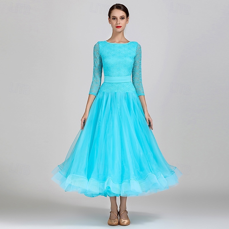 Abito da allenamento per ballo da sala da donna, elegante, nero, con maniche in pizzo, scollo a barca, valzer, tango, rumba moderna del 2026 a $161.99 –P10