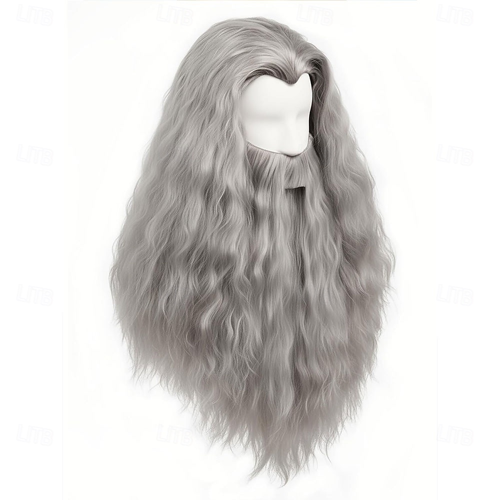 Lange graue Herrenperücke und Bartset für Halloween-Cosplay (Weihnachtsmann, Zauberer) 2026 - $31.99 –P4