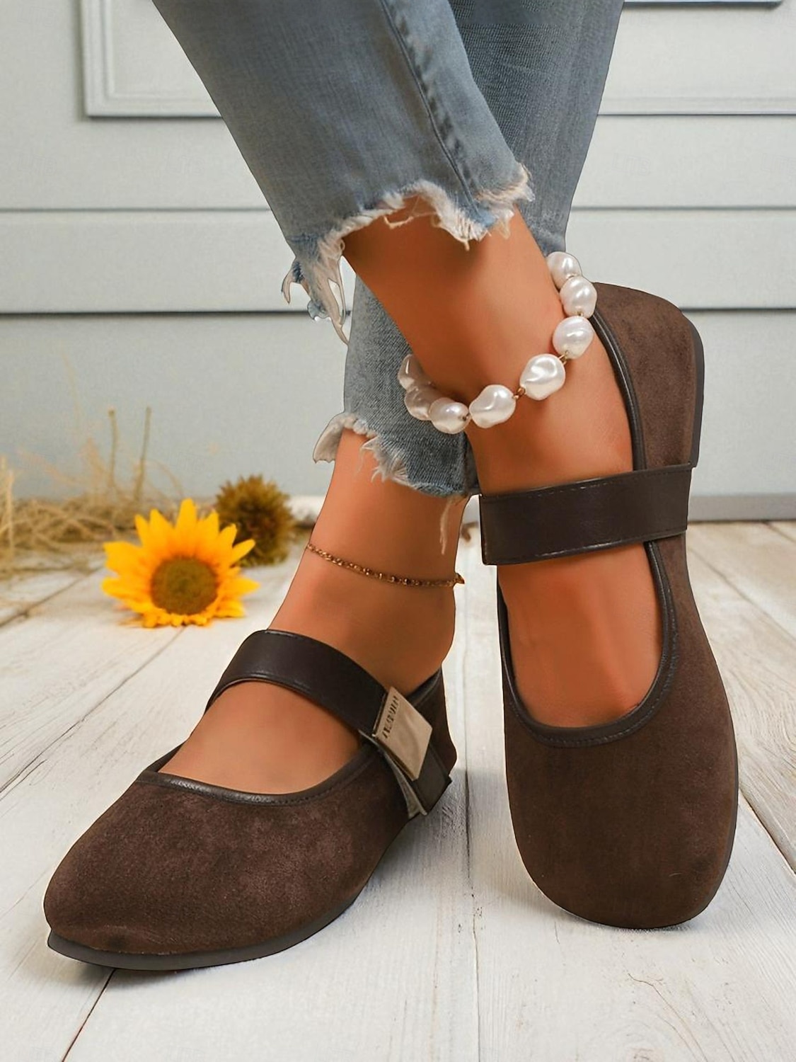 scarpe basse larghe da donna in stile mary jane marroni – scarpe a piedi nudi in pelle scamosciata marrone con punta tonda e fibbia, comode calzature basse retrò per l'ufficio e gli outfit casual del 2026 a $24.99 –P3