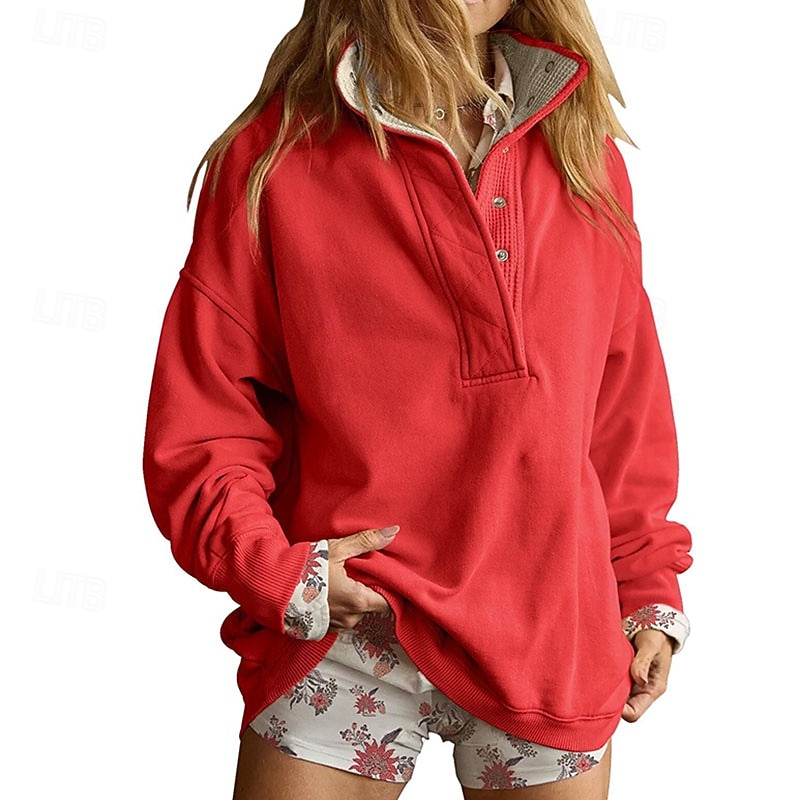 Damen Pullover Sweatshirt Patchwork Knöpfe Einfach Mode Lässig Langarm Hoher Ausschnitt Normale Oberteile Lässig Straße Alltagskleidung Schwarz Wein Rote Herbst Winter 2026 - $32.99 –P1