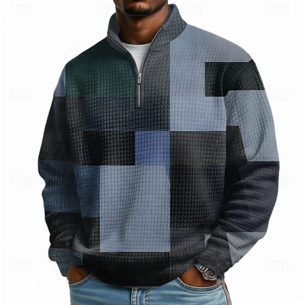 Pánské Geometrický Pléd Vaflová Mikina Módní Denní Klasické Na běžné nošení Stojáček Čtvrtletní zip Venkovní Domů Kancelář Práce Vodní modrá Hnědá Trávová zelená Šedá Zapni Podzim Zima Návrhář S M L 2026 - $28.99 –P2