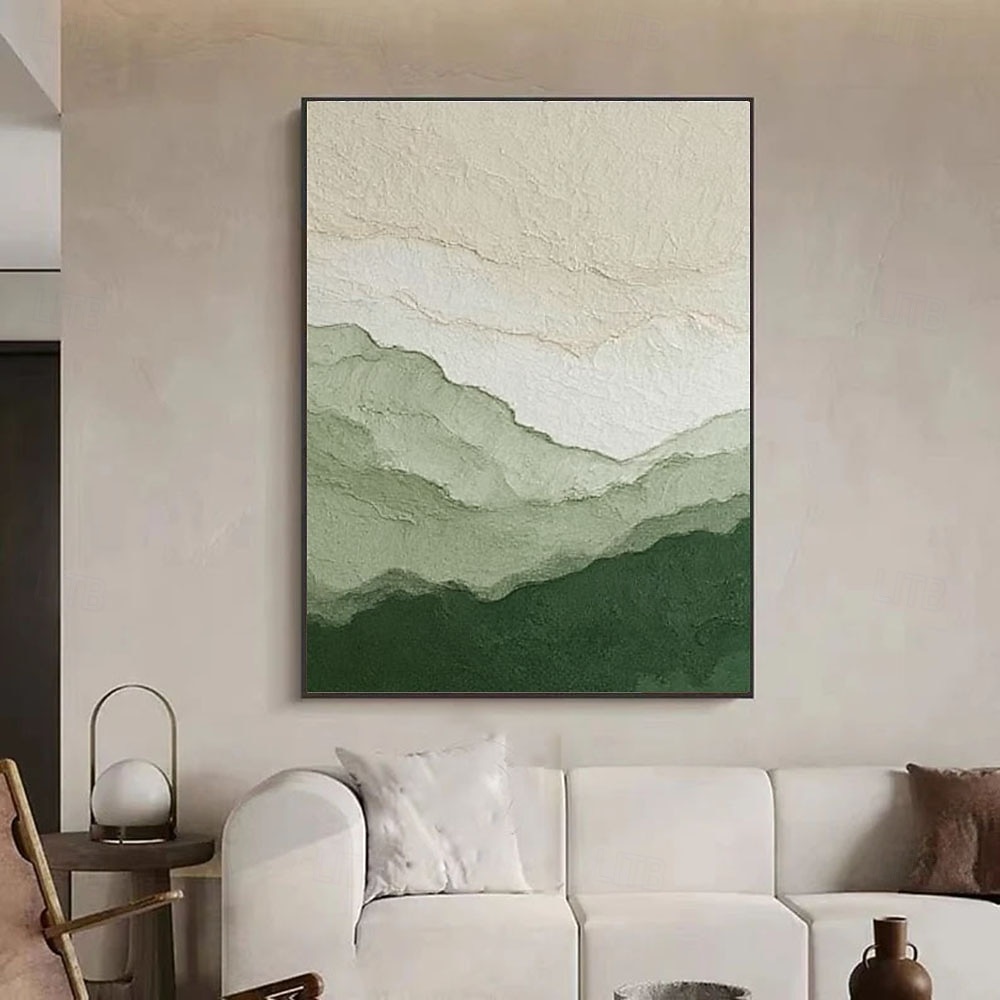 Regalo de Navidad: pinturas abstractas hechas a mano en tonos verde y beige, pintura de montaña, pinturas de paisaje verde, arte mural, gran panorama minimalista de valle, pintura al óleo 2026 - $107.99 –P1