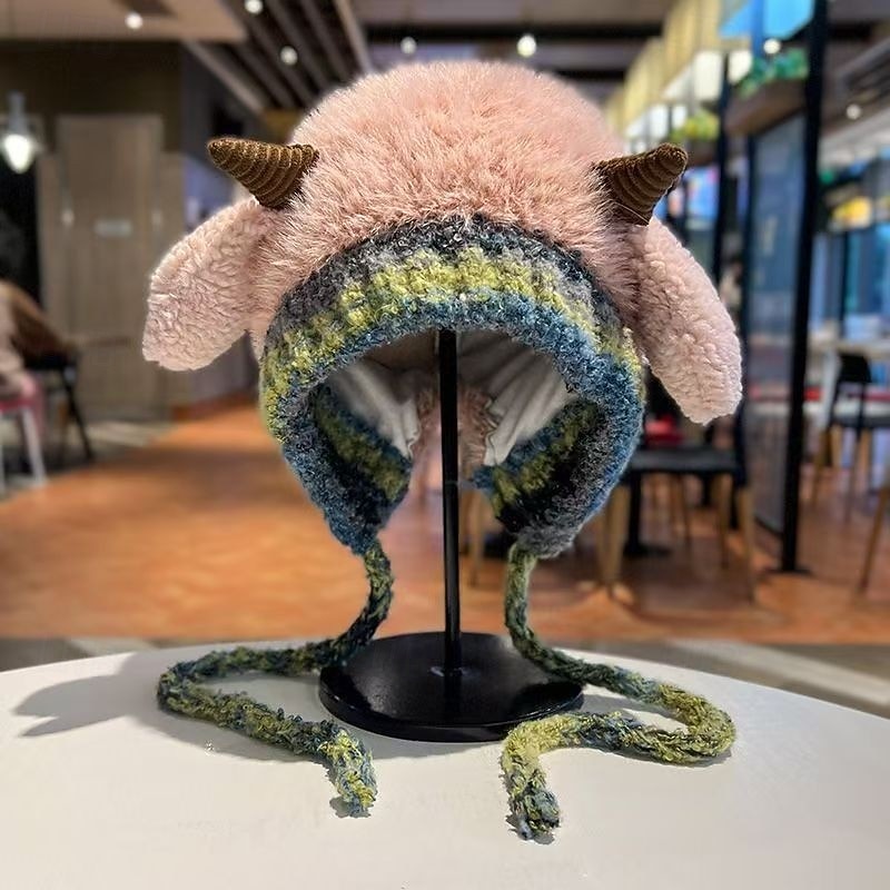 festlig jul fårhornhatt kvinnor vinterplyschstickad mössa söt koreansk stil varm ullhatt mysig fleecekeps för semesterfest utomhuskläder 2026 - $9.99 –P6