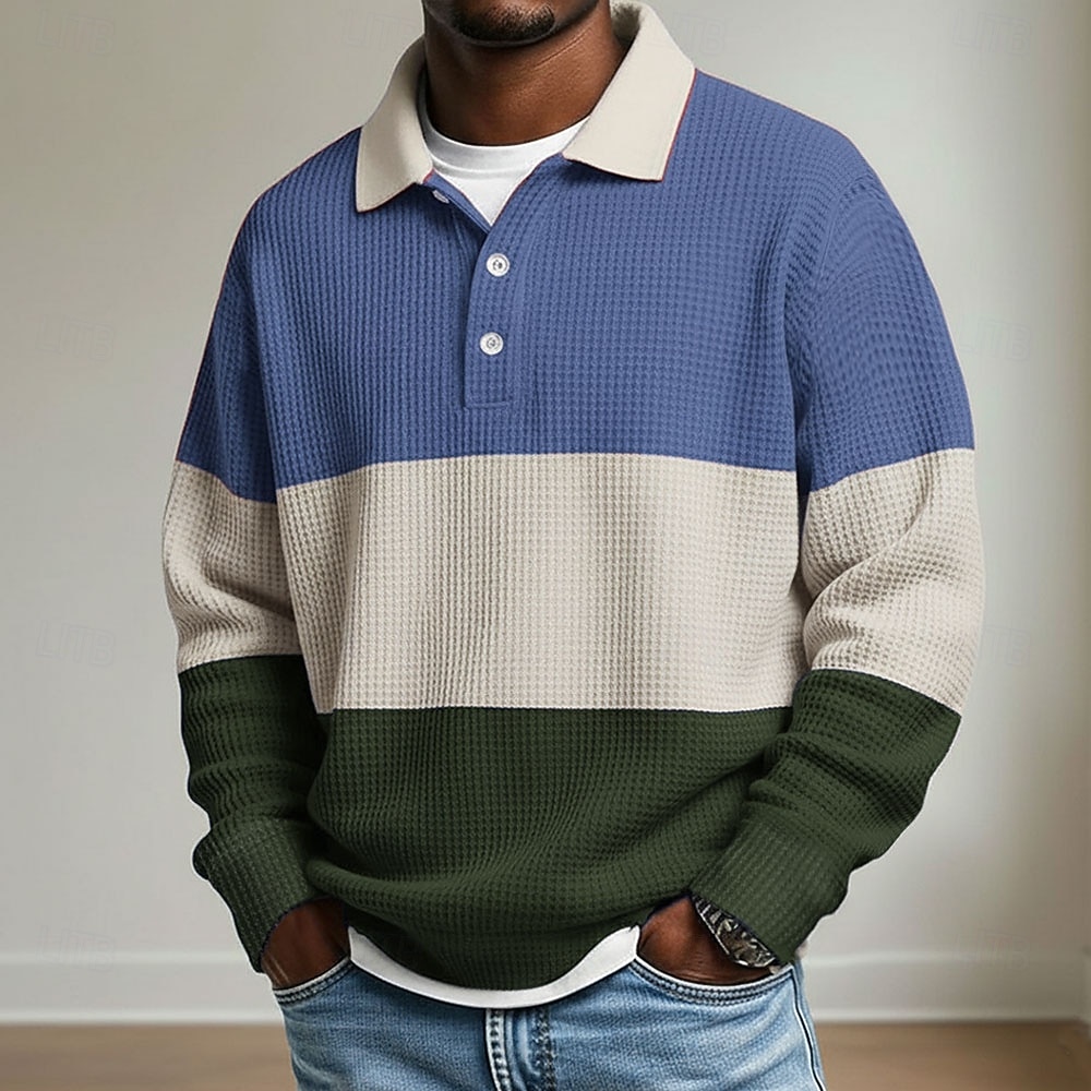 Per uomo A righe Magliette Polo a Nido d'Ape Polo da rugby Manica Lunga Magliette polo Camicie con Colletto Casual Athleisure Abbigliamento quotidiano Bottoni Primavera Autunno Inverno Blu Rosso del 2026 a $26.99 –P4