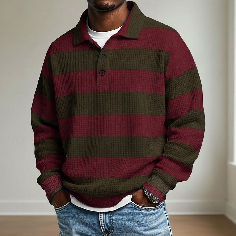 Men's Horizontal Stripes Waffle Polo Shirts Rugby Polo Rugby Polo Shirts Long Sleeve Polo Shirts Collared Shirts Casual Athleisure Daily Wear Buttons Spring Fall Winter Blue Red Green 2026 - $26.99 –P3