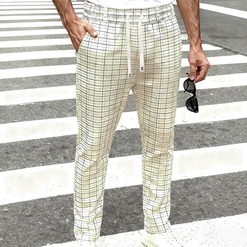Men's Trousers Casual Pants Drawstring Pocket Elastic Waist Plaid Comfort Soft Outdoor Daily Holiday Fashion Classic Style Dark Khaki Light Khaki Micro-elastic 2026 - $24.99 –P20